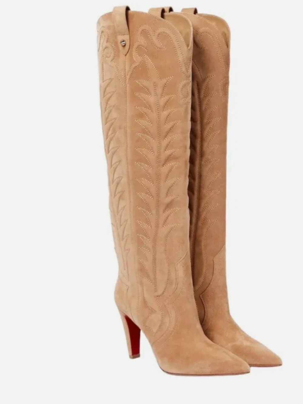 Christian Louboutin 85MM Lionne Suede Leather Santia Bootie Western Cowboy Beige
